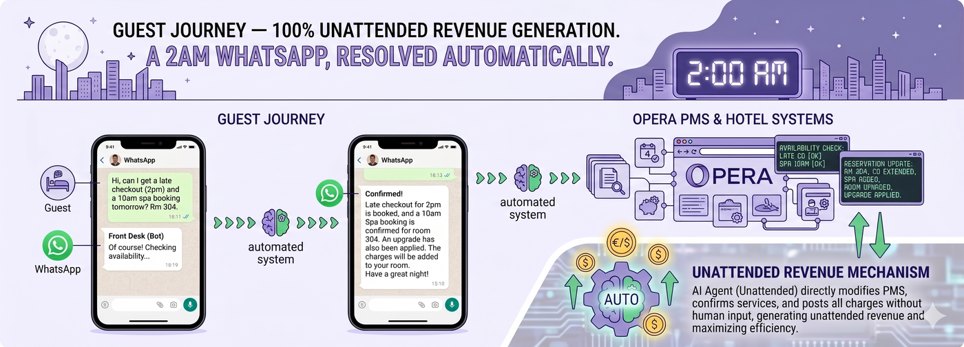 Reservation and upsell, guest message leads to Opera PMS booking