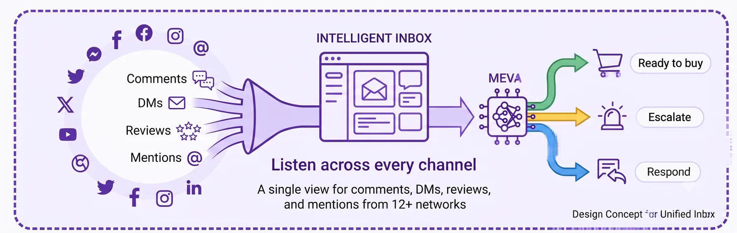 Unified social inbox showing DMs, comments, reviews, and mentions from 12+ networks in one queue