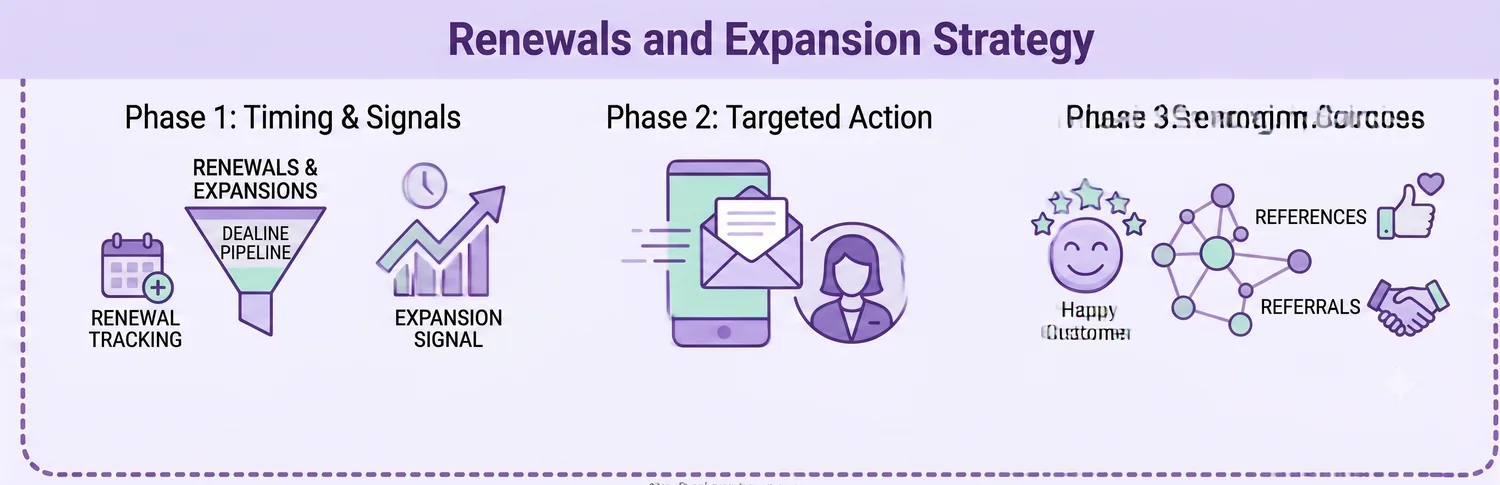 Renewals and expansion pipeline with forecast and referral timing