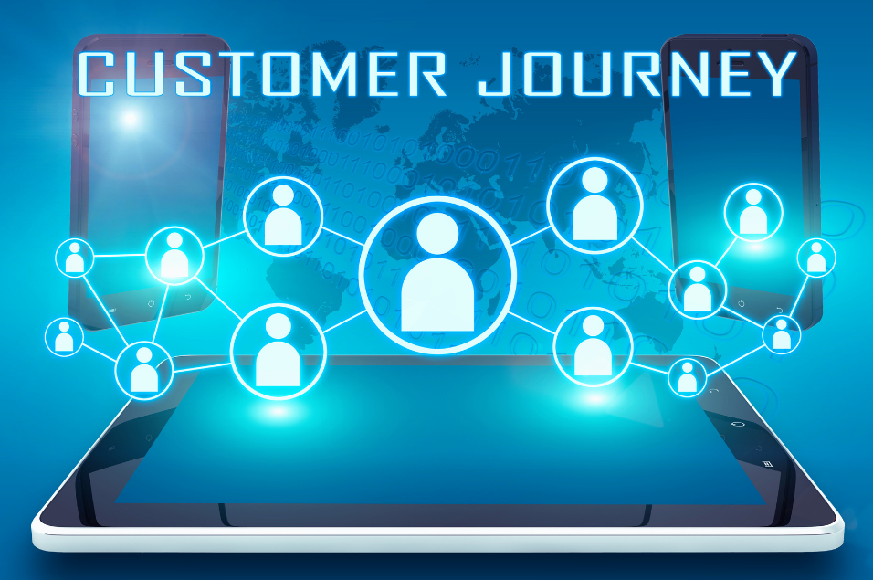 Image of an ipad laying down with connected people icons coming out of the ipad to show a connected journey.